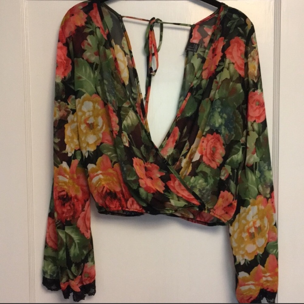 Wrap sheer flowery blouse